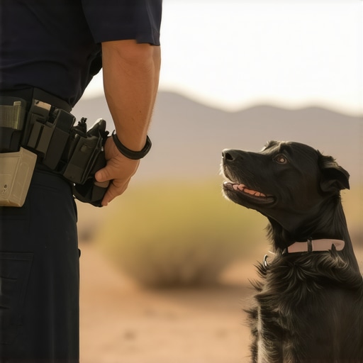 Advanced Service Dog Training in Arizona Desert Experienced handler and trainer working with service dog in Arizona desert setting